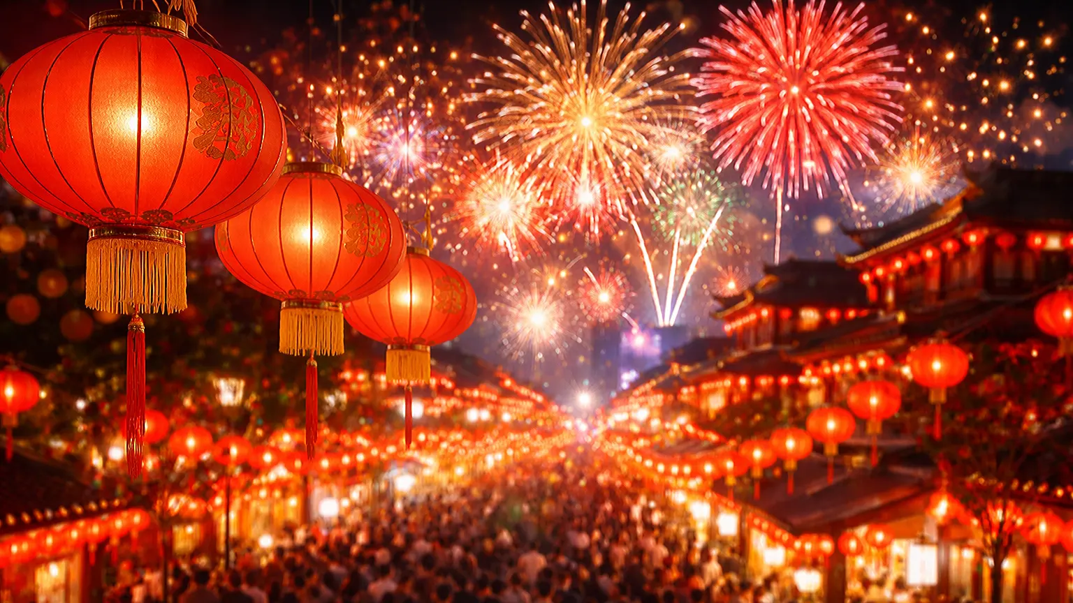 Red lanterns glowing over a crowded street as fireworks light up the sky during Lunar New Year celebrations for the Year of the Fire Horse 2026