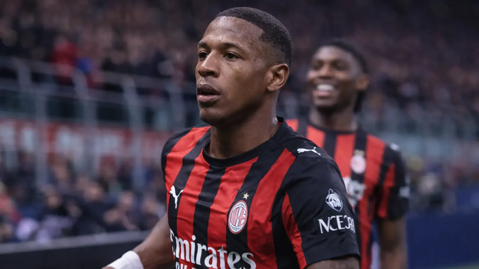 Pervis Estupiñán and Rafael Leão celebrates during the Serie A match between AC Milan and Inter Milan at San Siro