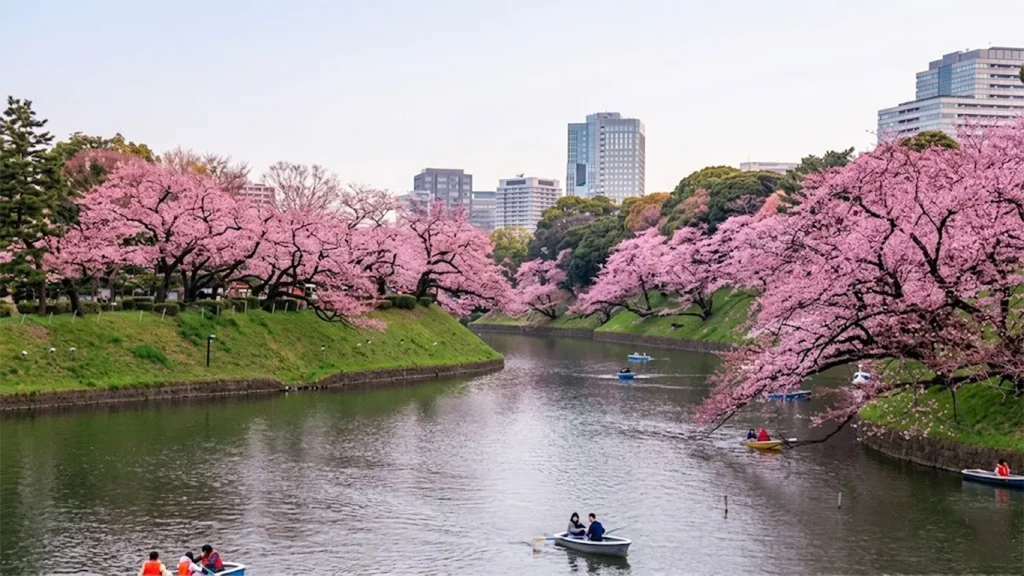 A high-resolution, professional landscape photo of Chidorigafuchi Moat in Tokyo during peak sakura season. Vibrant pink cherry blossoms hang over the water while visitors row small blue and white boats down the river, with the Tokyo city skyline in the background