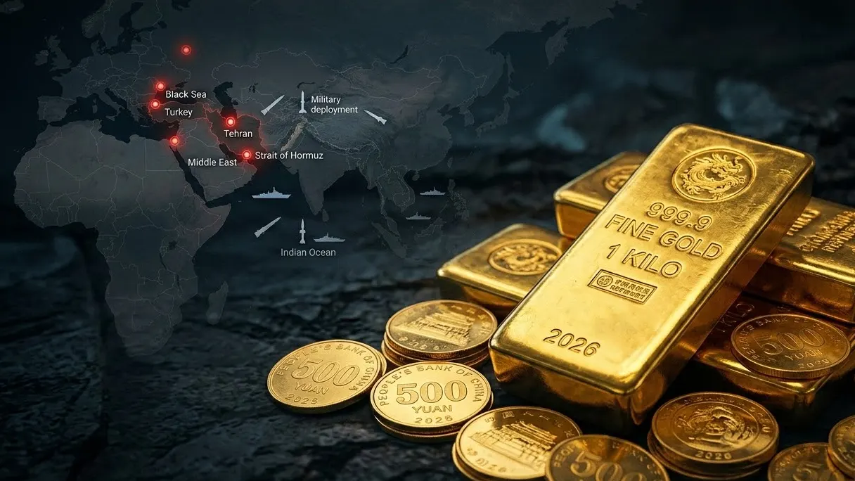 Close-up of gold bars and coins with a world map showing Middle East conflict hotspots and military icons