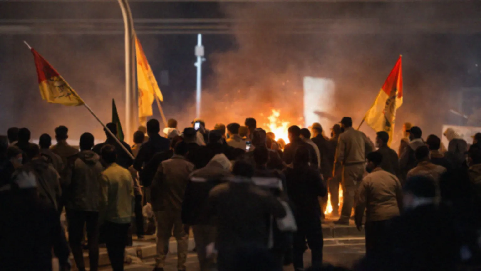 Pro-Iran protesters gather near Baghdad’s Green Zone at night as flames rise and militia flags wave during clashes with Iraqi security forces on March 2, 2026