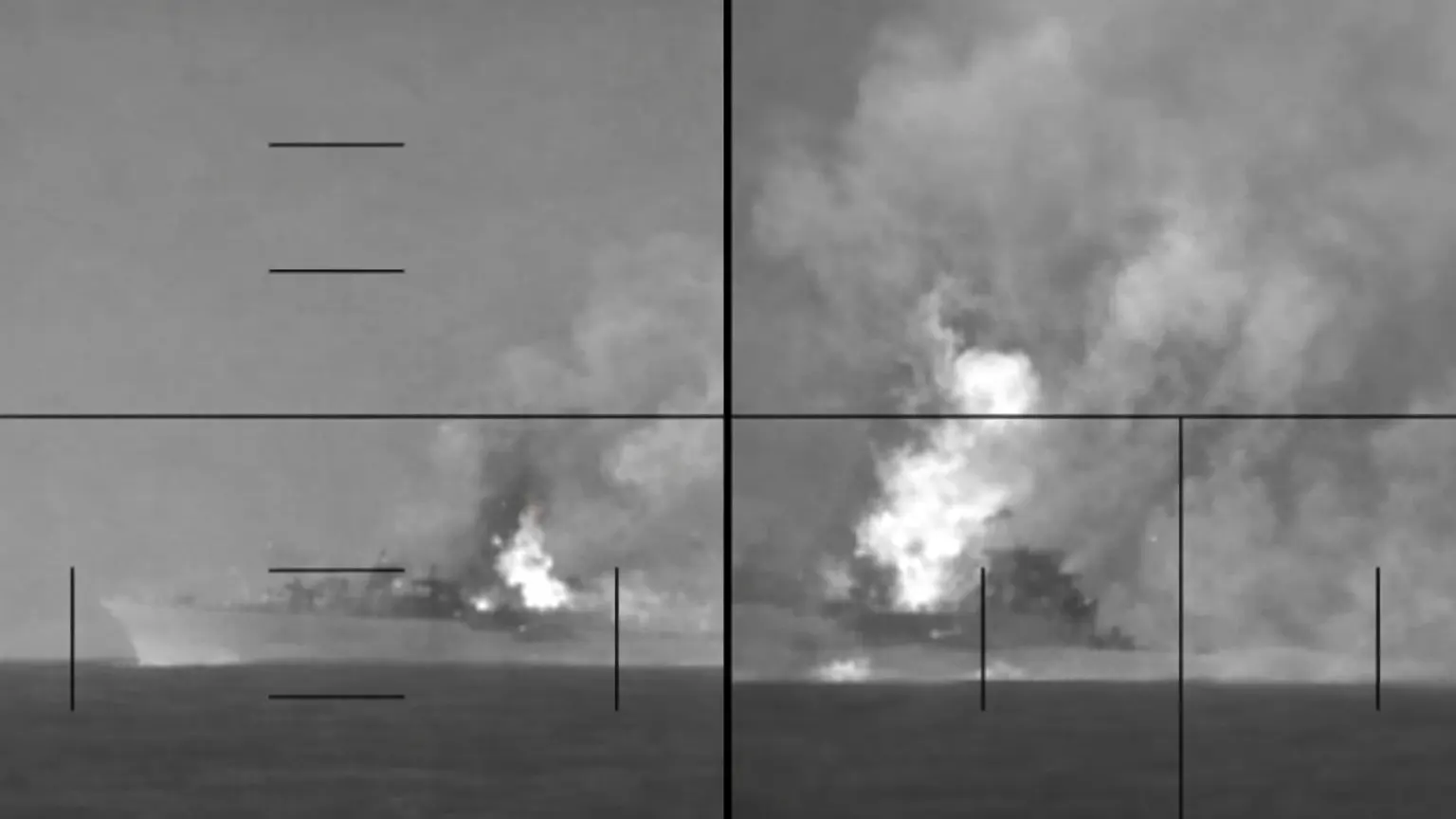Thermal camera image showing IRIS Dena engulfed in a large explosion and rising smoke plume at sea following impact