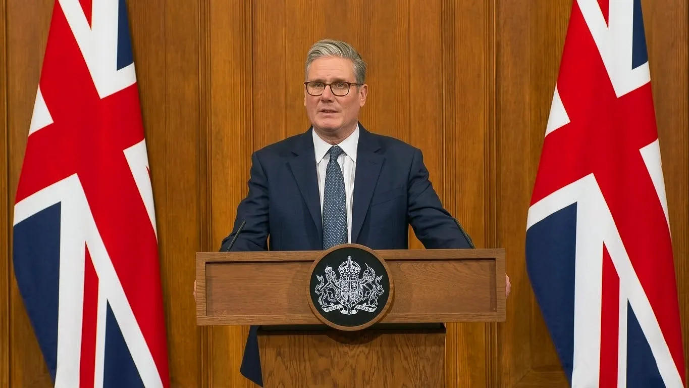 Prime Minister Keir Starmer delivering a speech at a 10 Downing Street lectern regarding UK military deployment in the Middle East, flanked by Union Jack flags