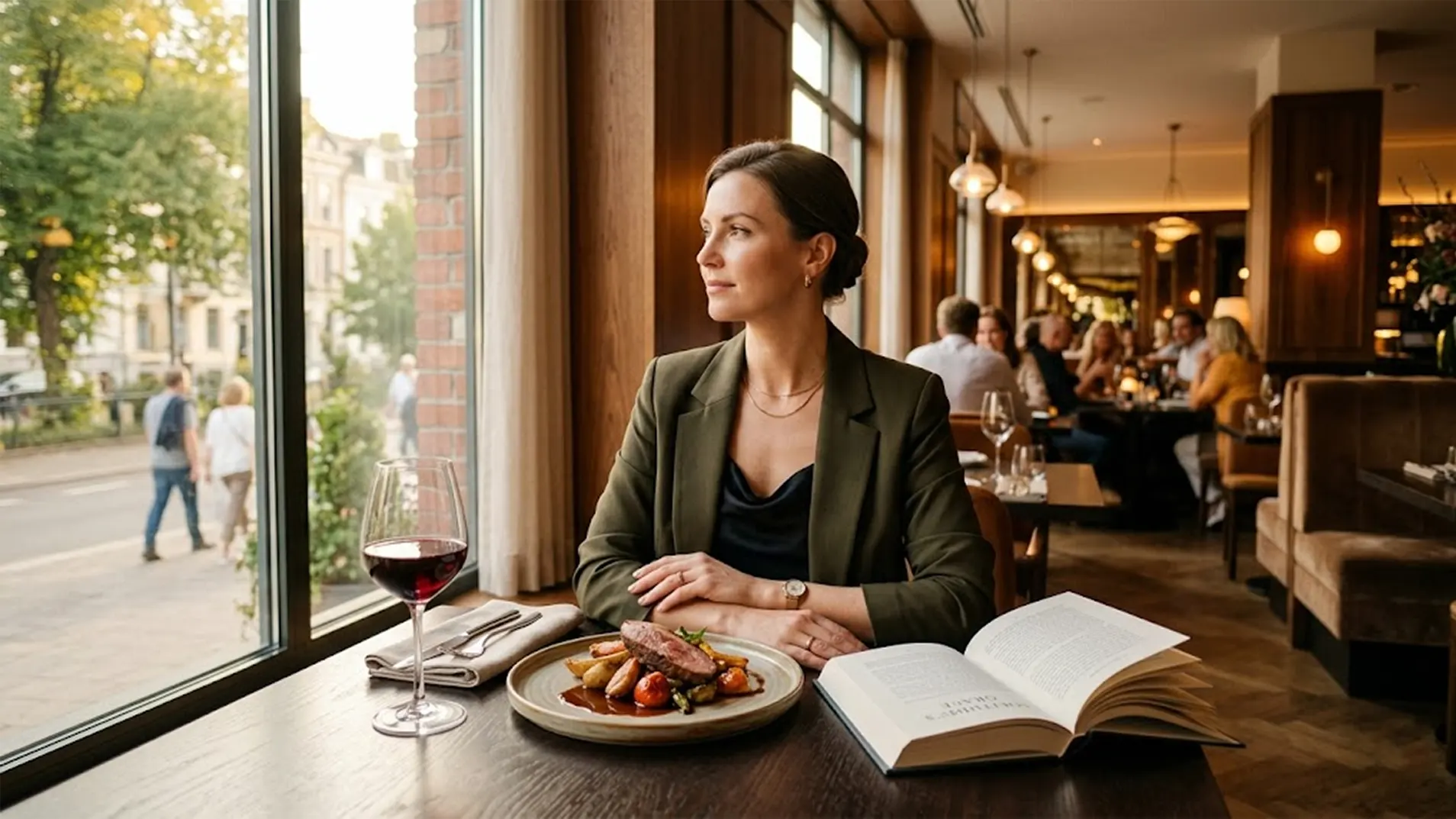 A well-dressed woman enjoying a luxury solo dining experience at a restaurant window table during golden hour with a glass of red wine, a gourmet meal, and an open book
