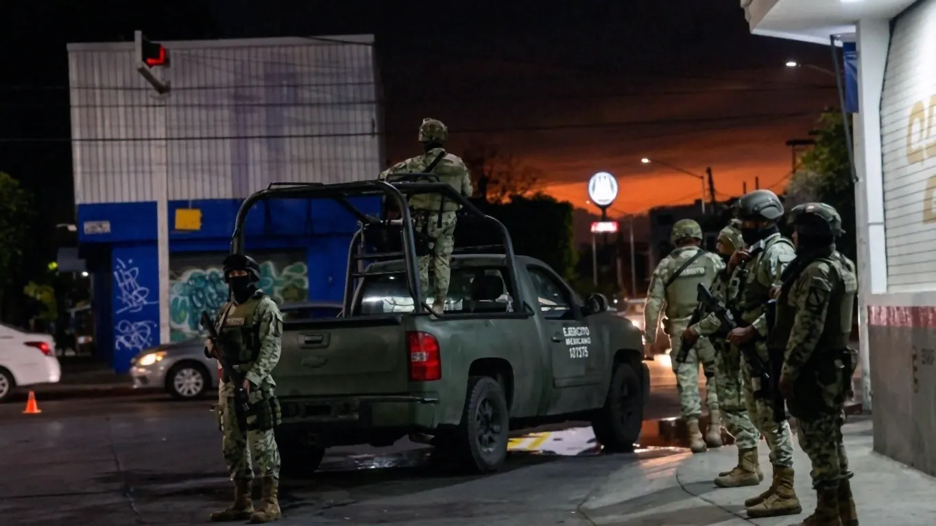 Mexican soldiers on patrol in Jalisco after the death of CJNG leader El Mencho as security forces respond to cartel violence and road blockades