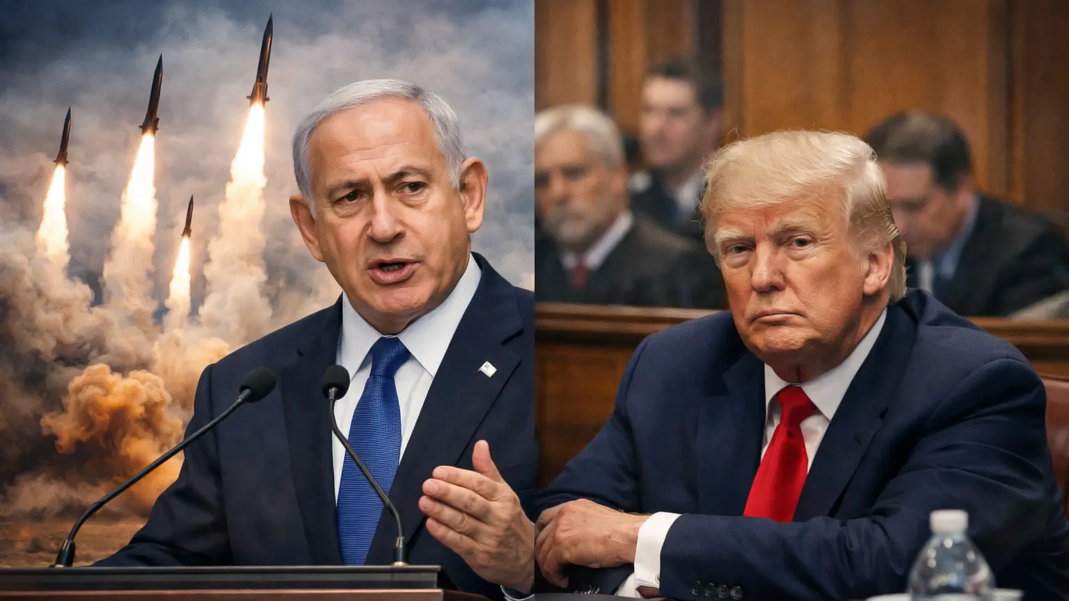 Split-theme collage showing Benjamin Netanyahu speaking at a podium on the left and Donald Trump in a hearing room on the right, with Iran missile launches overlayed in the background