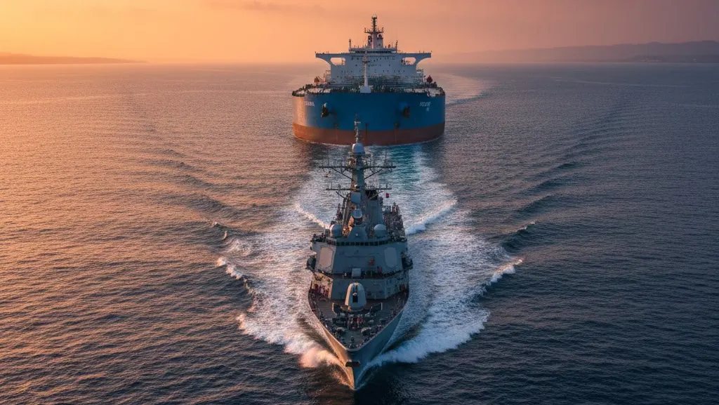 Oil tanker sailing under naval escort near the Strait of Hormuz during the 2026 Middle East conflict disrupting global oil supply