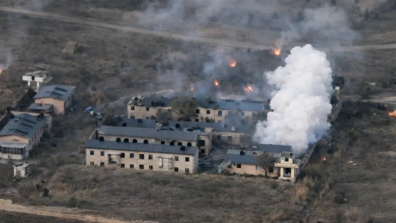Aerial view of a compound engulfed in smoke and flames following reported airstrikes during the Pakistan–Afghanistan conflict in March 2026