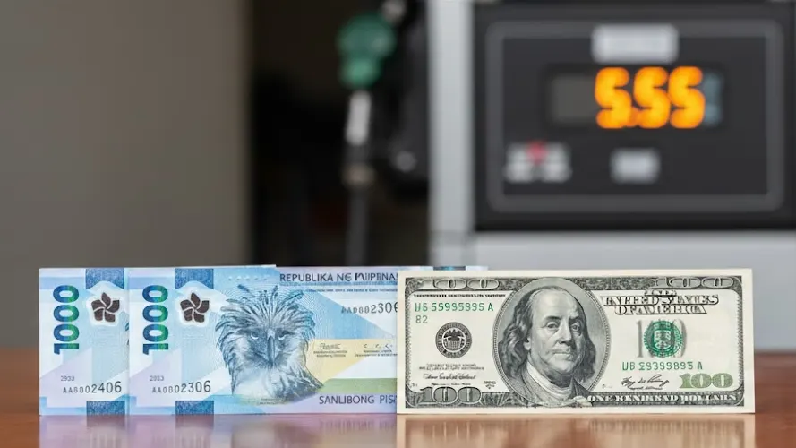 Close-up of a 1000 Philippine peso banknote and a 100 US dollar bill sitting on a table with a blurred gas station price board in the background, symbolizing economic and currency pressure