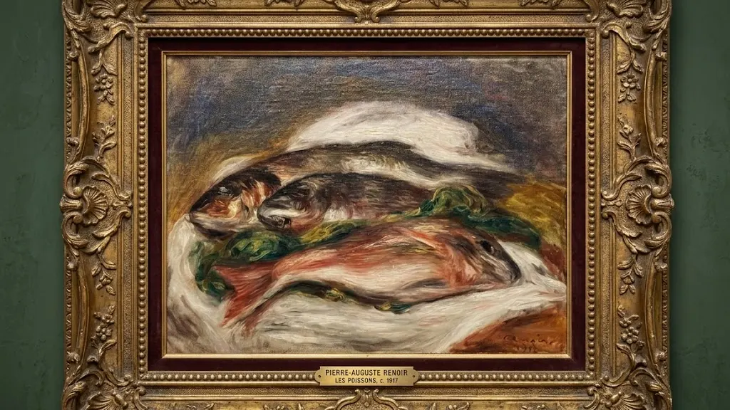 An oil painting by Pierre-Auguste Renoir titled 'Les Poissons' (1917) depicting three fish on a white cloth, displayed in an ornate gold gilded frame with a museum nameplate