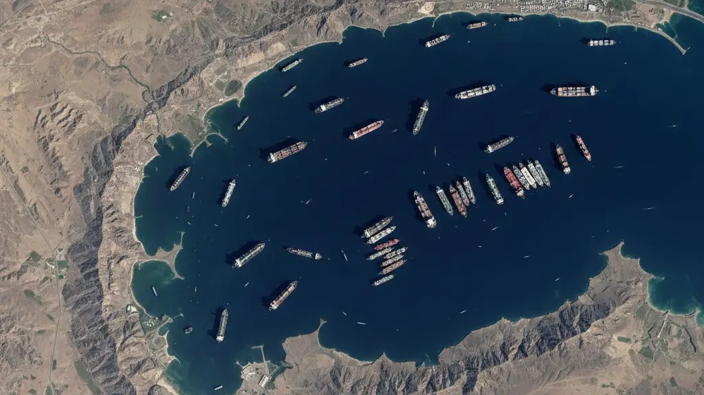 Satellite view of the Strait of Hormuz showing dozens of stationary oil tankers and cargo ships anchored in the narrow chokepoint between Iran and Oman during the 2026 blockade