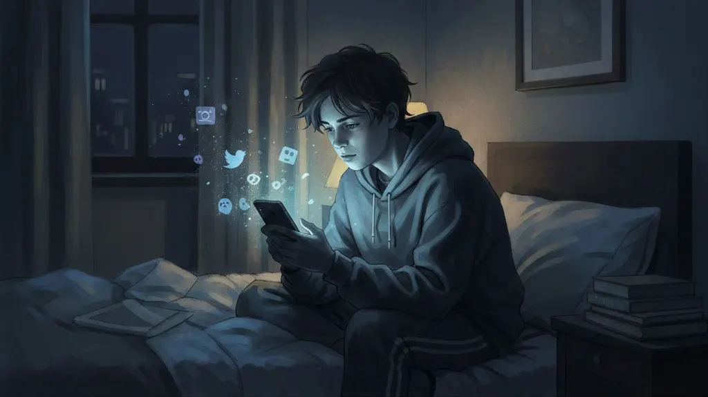 A teenage boy sitting on the edge of his bed in a dark bedroom at night, illuminated by the blue glow of a smartphone screen, with faint social media icons floating in the air around him