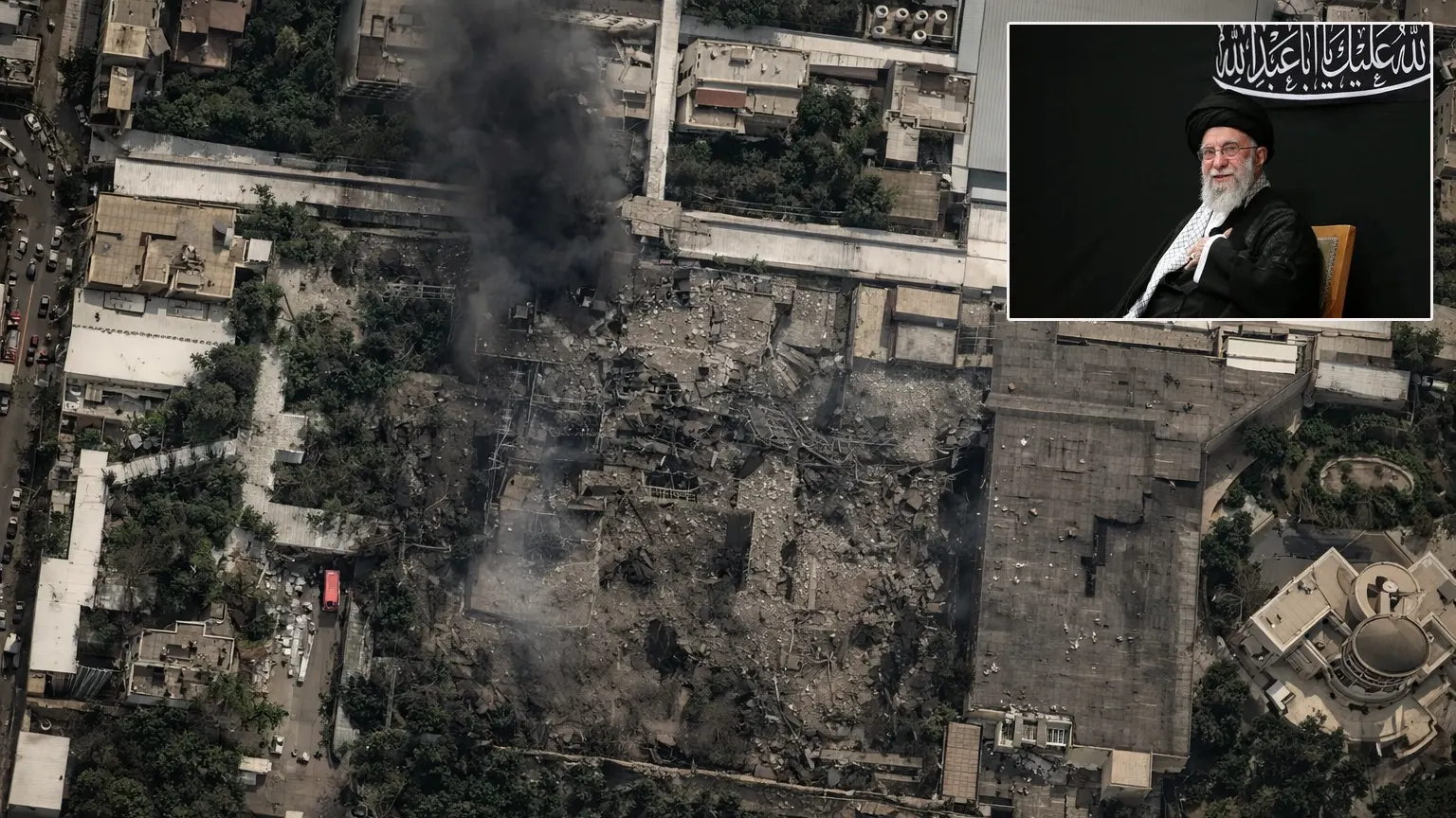Satellite image of the Khamenei compound in Tehran showing structural damage and smoke following a reported military strike in March 2026