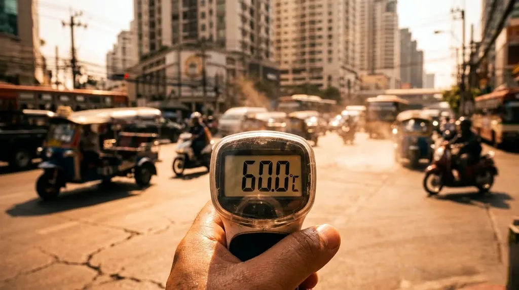 Close-up of a digital thermometer displaying 60°C against a blurred, sun-drenched Bangkok street background with tuk-tuks and heat haze