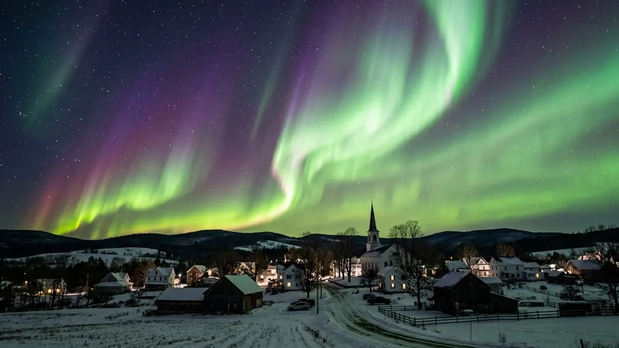 A wide-angle photorealistic shot of a green and purple aurora borealis with a red fringe stretching over a quiet small town at night, featuring a church steeple and rolling hills