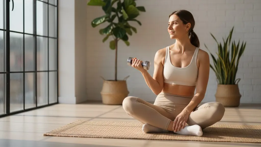 A woman in her 30s sitting on a yoga mat in a sunlit room, resting after a strength workout with a dumbbell, emphasizing proactive women's health and metabolic wellness