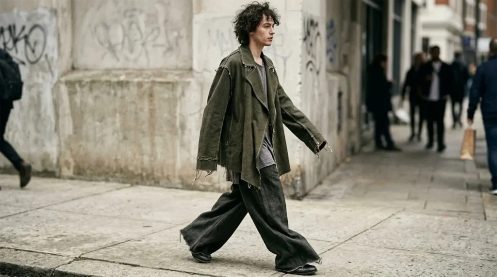 A candid street portrait of a young adult walking in an oversized olive asymmetrical jacket with frayed hems and wide-leg trousers that puddle on a concrete city sidewalk