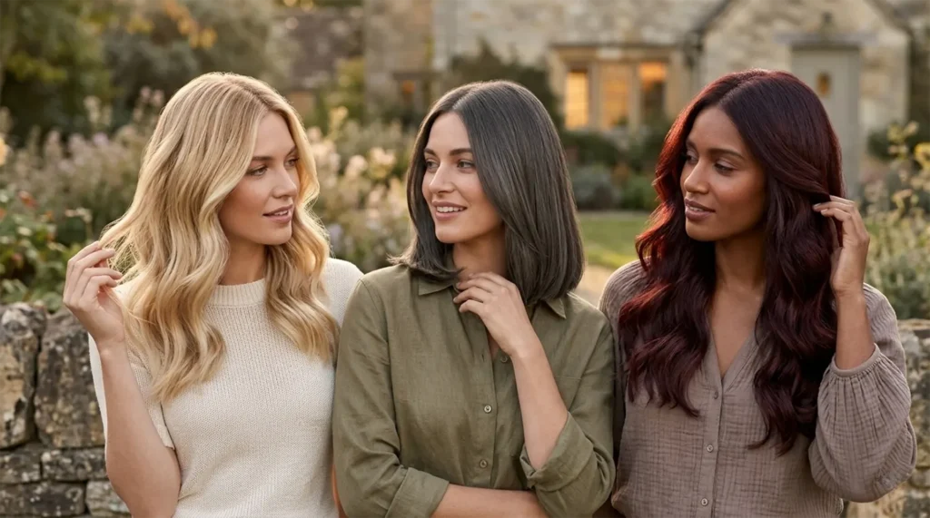 Three women side-by-side showcasing 2026's top hair colors: warm Buttercream Blonde, cool Charcoal Brunette, and deep Cherry Cola with a high-gloss liquid hair finish
