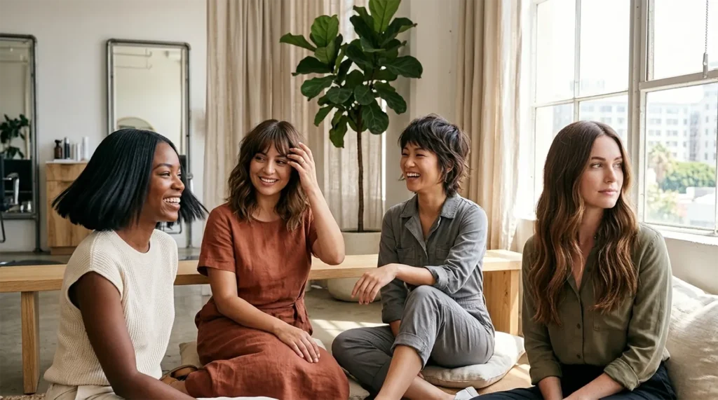 A diverse group of four women in a sunlit loft salon, each modeling a distinct 2026 hairstyle: a sharp blunt bob, wispy Birkin bangs, a textured bixie, and long ghost waves with invisible layers