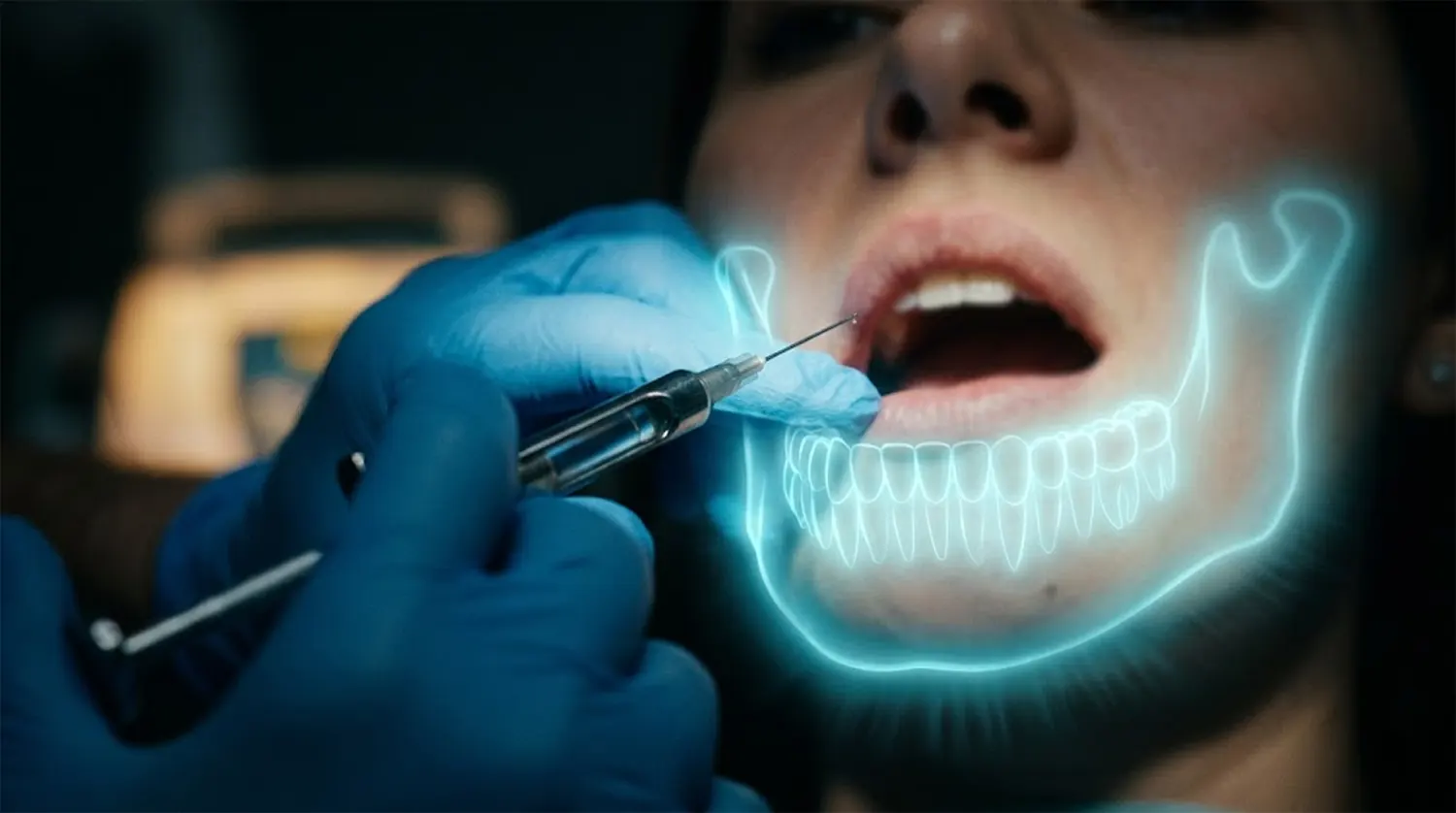 Cinematic macro shot of a dental syringe near a patient's mouth with a glowing holographic blue overlay of a complete human jawbone and teeth.
