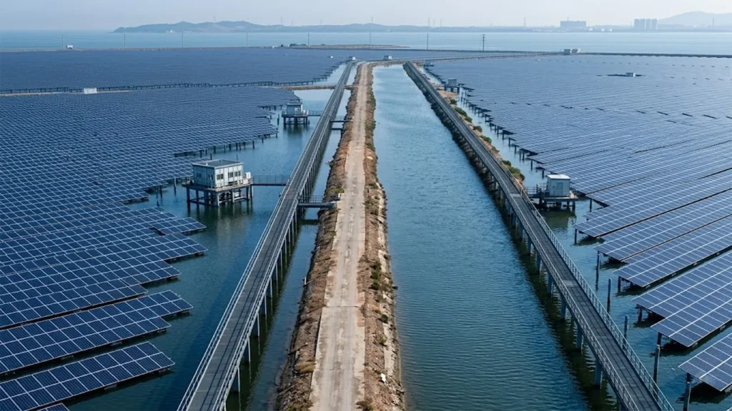 Aerial 4K view of a massive Chinese floating solar farm (floatovoltaics) stretching across a coastal waterway, illustrating China's dominance in renewable energy infrastructure
