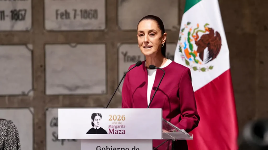 Portrait of Mexican President Claudia Sheinbaum during an address on national security and human rights records