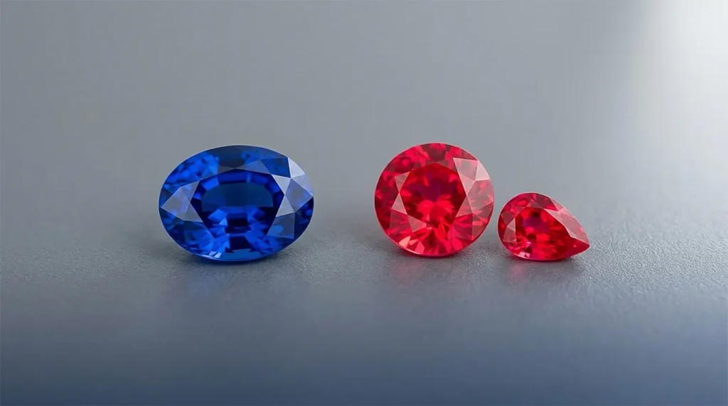 A vibrant oval-cut cobalt blue spinel alongside a round and pear-cut neon red Jedi spinel on a smooth dark grey surface