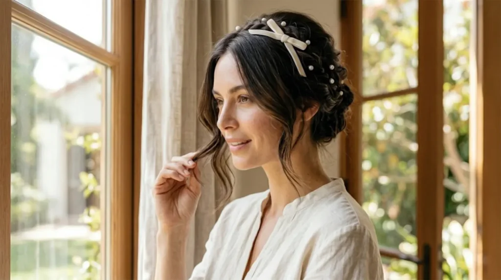 Close-up of a woman with a romantic coquette updo featuring soft braids adorned with delicate white pearls and a velvet bow, illuminated by soft window light