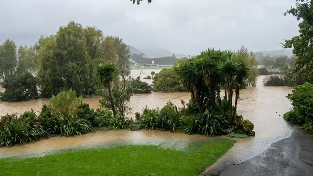 A high-resolution landscape view of a flooded residential area in New Zealand during Cyclone Vaianu, showing murky brown floodwaters submerged gardens and trees under a grey, overcast sky