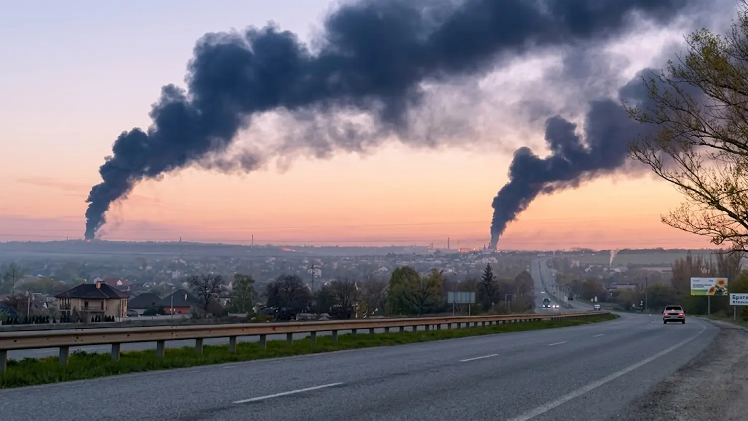 Two massive pillars of thick black smoke rising from a residential and industrial horizon in Dnipro, Ukraine, following a missile attack. A highway with a guardrail is in the foreground under a dawn sky.