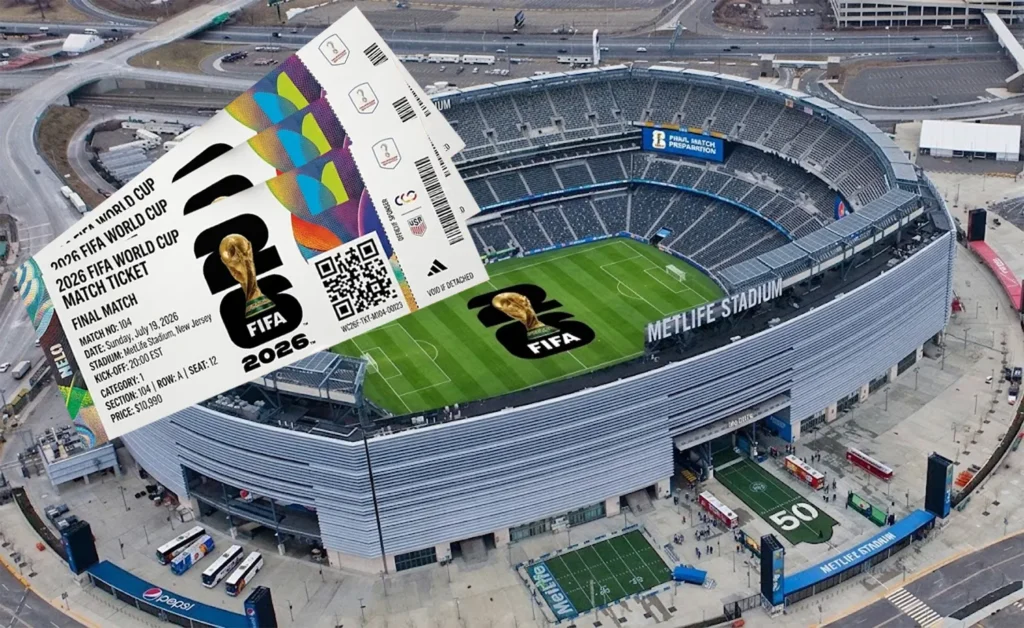 A high-angle aerial view of MetLife Stadium with the FIFA World Cup 2026 logo on the pitch and three official final match tickets overlayed in the foreground.