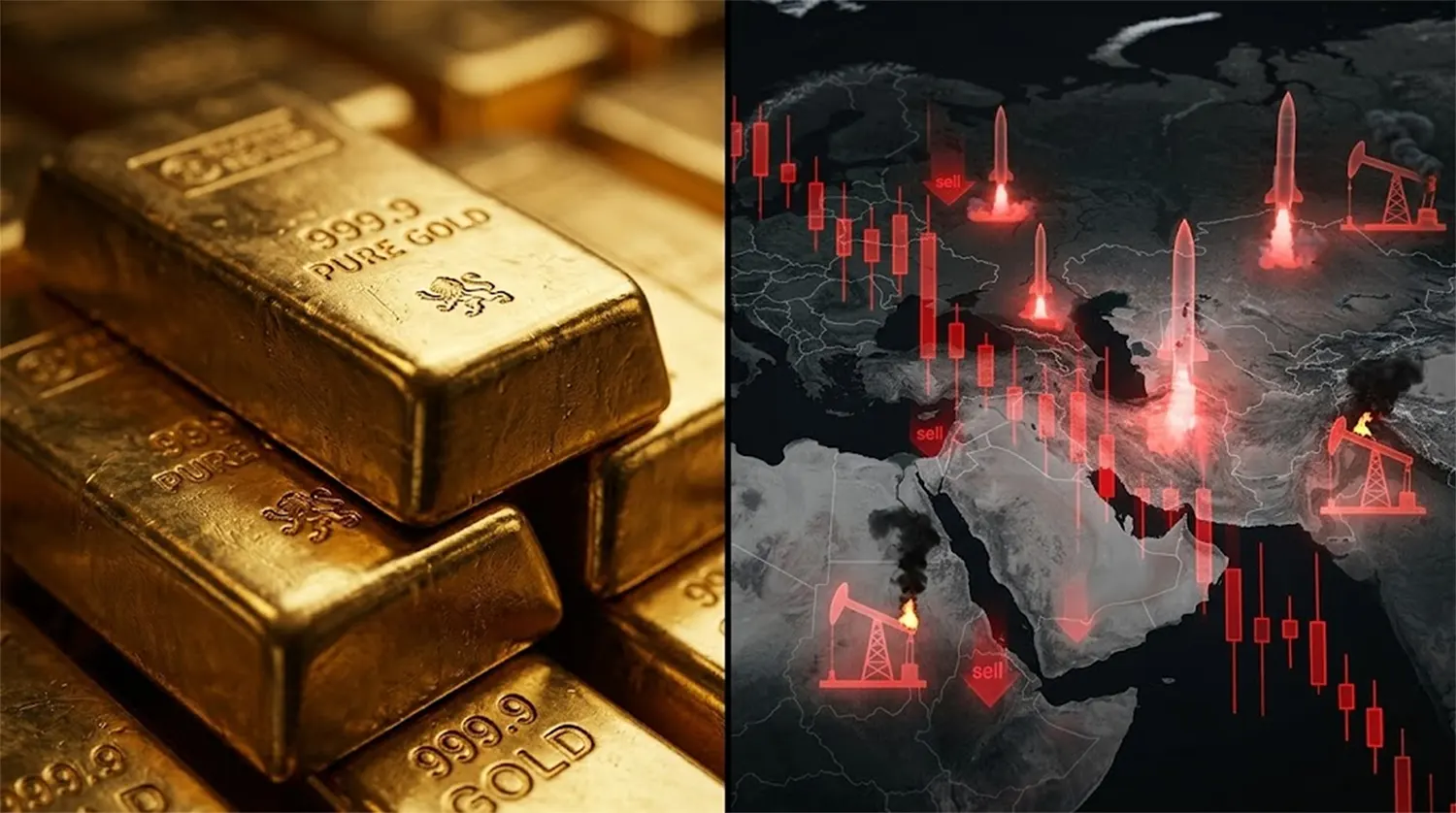 A split-screen digital art piece. The left side shows a macro shot of stacked 999.9 pure gold bullion bars with a warm tungsten glow. The right side features a dark map of the Middle East and Eastern Europe with red stock market candles, burning oil rigs, and missile silhouettes