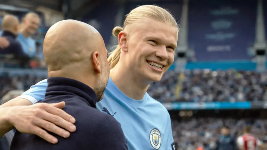 Erling Haaland and Pep Guardiola smiling and embracing at the Etihad Stadium after Manchester City's 2-1 victory over Arsenal in April 2026