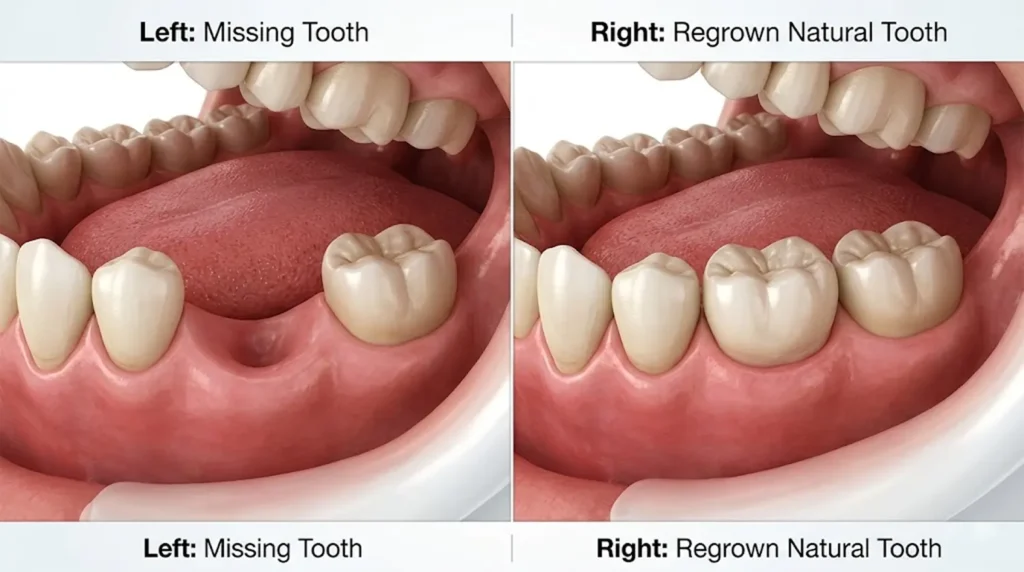 Split-screen medical illustration showing a human jaw with a missing molar on the left and a naturally regrown tooth on the right, demonstrating the results of the Japanese USAG-1 antibody drug.