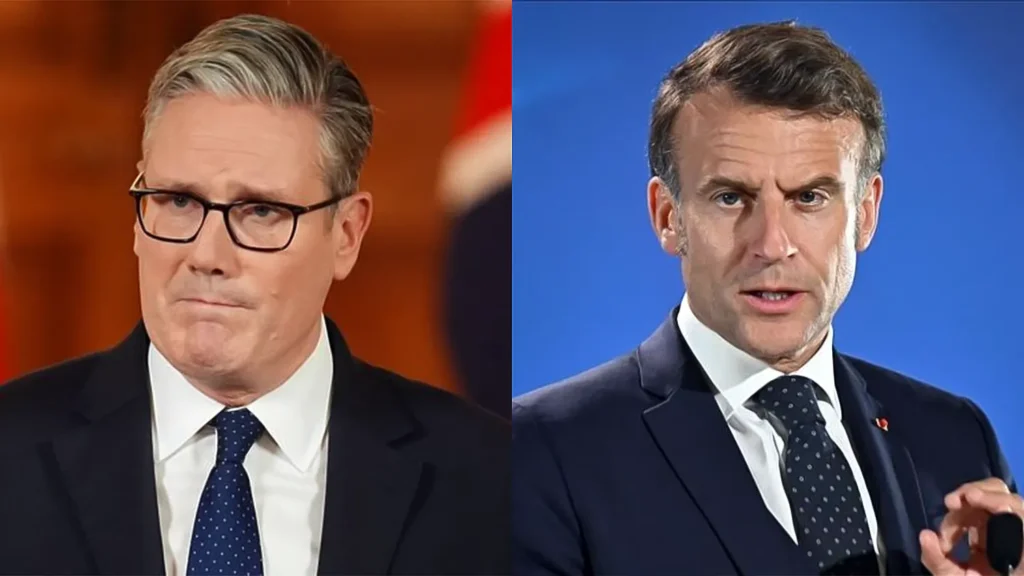 Side-by-side portraits of UK Prime Minister Keir Starmer wearing glasses and a dark suit, and French President Emmanuel Macron speaking at a podium.