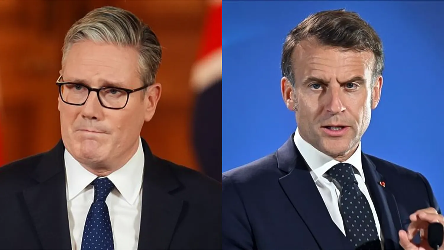Side-by-side portraits of UK Prime Minister Keir Starmer wearing glasses and a dark suit, and French President Emmanuel Macron speaking at a podium.