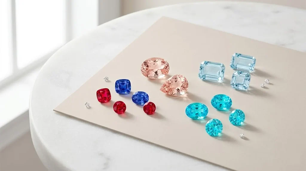 A high-angle flat lay of loose gemstones including red and blue spinels, peach morganite, emerald-cut aquamarine, and neon blue-green Paraíba tourmalines on a beige surface with marble accents