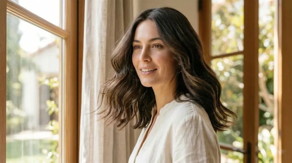 A woman with a voluminous '90s-inspired luxe blowout, featuring bouncy hair with ends flicked outward and a high-shine, healthy finish