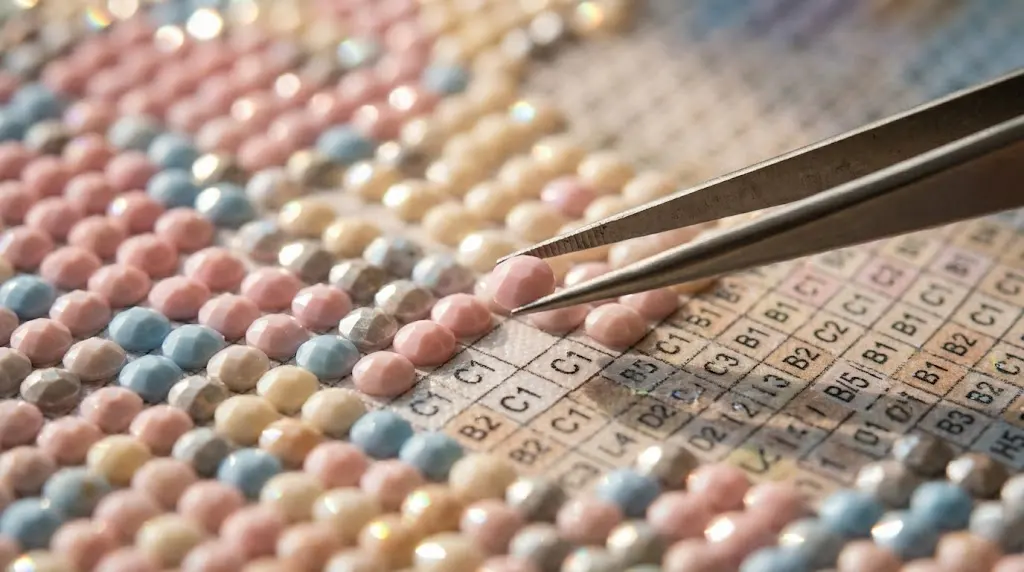 Extreme macro close-up of a diamond painting canvas showing pink and blue faceted resin beads being placed with metal tweezers onto a coded grid