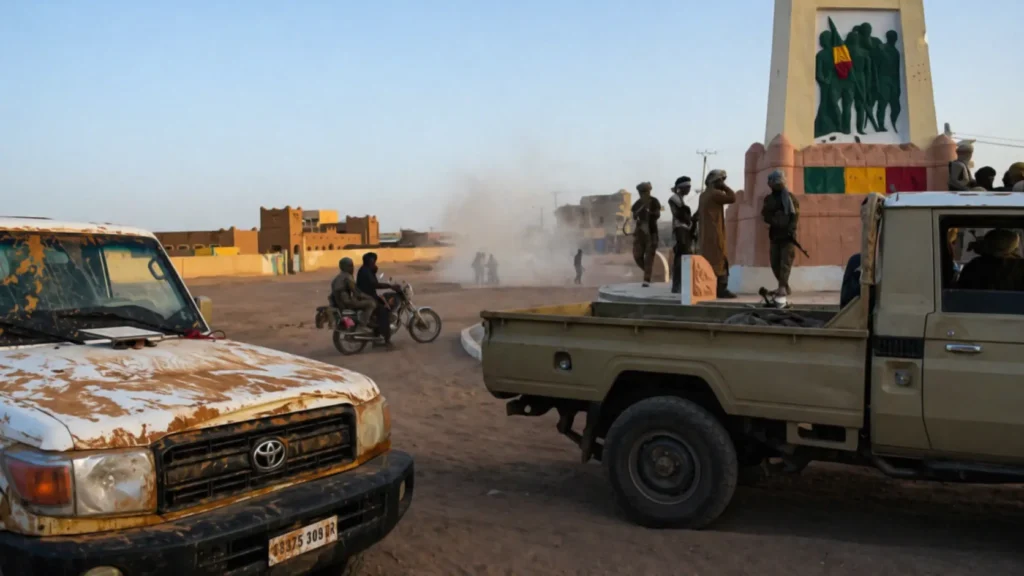 Armed men and vehicles in a dusty street near a monument in Kidal, Mali, following the 2026 rebel takeover