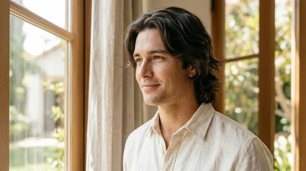 Side profile of a man with a modern mullet featuring soft, lived-in layers and natural wavy texture, styled for a relaxed and effortless look