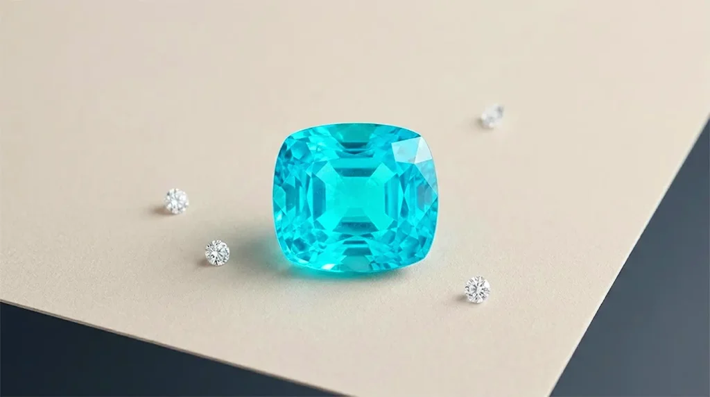 A large, vibrant neon blue-green Paraíba tourmaline in a cushion cut, glowing with intense copper-saturated brilliance on a neutral editorial background