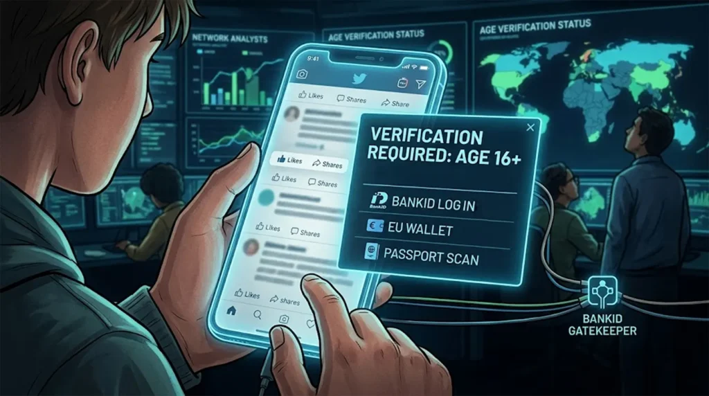 A horizontal 16:9 illustration of a teenager's hands holding a smartphone, where a prominent blue glowing pop-up window blocks a social media feed, demanding mandatory 'VERIFICATION REQUIRED: AGE 16+' with options for BankID, EU Wallet, and Passport scan. The phone is physically linked by data cables to a dark, tech-filled command center where analysts monitor screens labeled 'AGE VERIFICATION STATUS' and 'BANKID GATEKEEPER.' The scene emphasizes the technical enforcement layer of Norway's new digital age law.