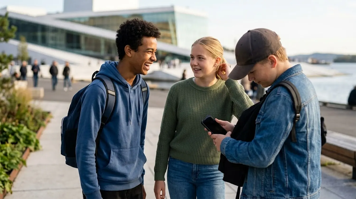 A horizontal 16:9 candid photograph taken on a sunny afternoon in Oslo, Norway. Three diverse teenagers (approx. 16-17) are walking and talking naturally on a pedestrian path. Two friends are laughing together, looking engaged. The third friend, wearing a denim jacket and baseball cap, is deliberately looking down and putting a smartphone away into his backpack pocket, his face partially obscured. The distinctive modern white geometry of the Oslo Opera House is visible in the softly blurred background, with distant water and other people enjoying the day. The scene emphasizes real-world connection over screen time.
