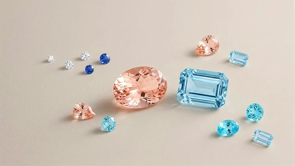 A large oval-cut peachy pink morganite and a crisp emerald-cut icy blue aquamarine gemstone centered on a matte beige background with smaller accent stones