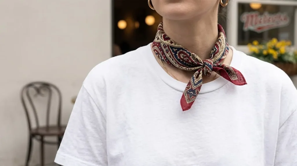 "Close-up of a model's neck wearing a crisp white cotton T-shirt with a vintage navy, red, and cream paisley bandana tied tightly. Background shows a blurred street café."