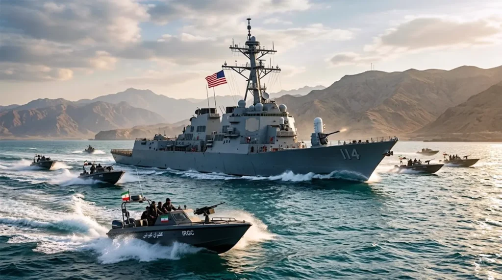 A U.S. Navy Arleigh Burke-class destroyer surrounded by multiple Iranian IRGC fast-attack boats in a high-speed naval confrontation in the Strait of Hormuz during the 2026 Middle East crisis