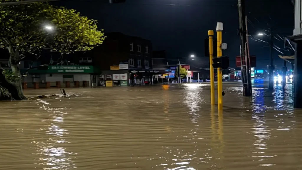 Flooded street at night in Karori, Wellington, with murky brown water reaching half-height on yellow traffic signal poles