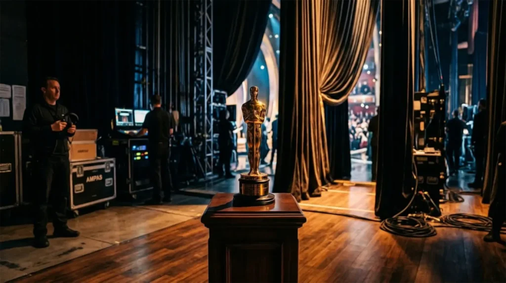 A close-up of a gold Academy Award Oscar statuette on a wooden pedestal backstage, with production crew, technical monitors, and stage curtains in the blurred background.