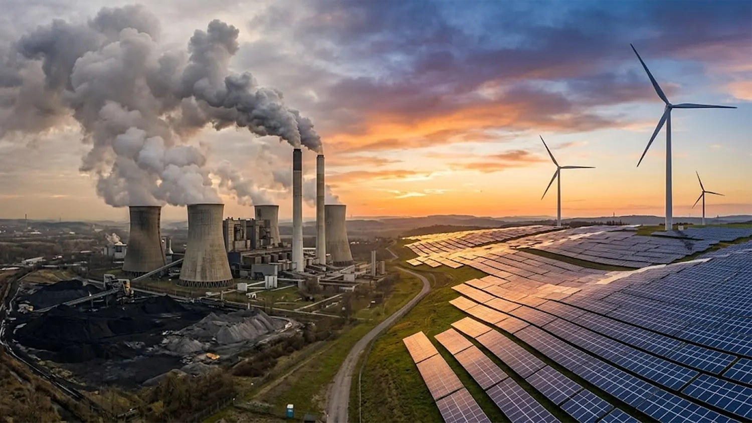 A high-contrast landscape showing a dark coal power plant with smoking chimneys on the left and a bright, sunlit field of solar panels and wind turbines on the right